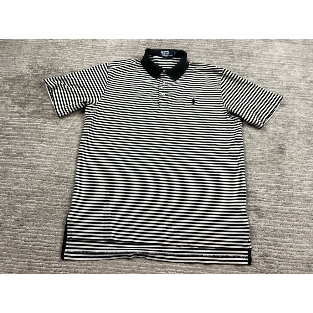 Polo Ralph Lauren Polo Shirt Mens M Black White Striped Pima Cotton Golf Fit